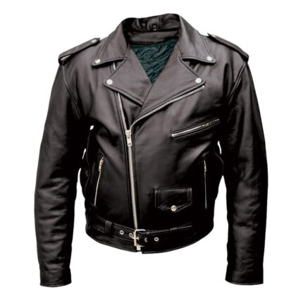 Premium Black Leather Motorcycle Jacket with Classic Zipper Design and Adjustable Waist