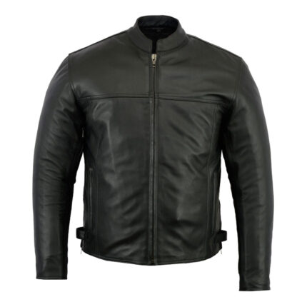 Men’s Premium Black Leather Jacket with Stand Collar and Zip Closure