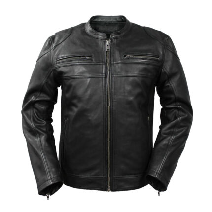 Men’s Black Leather Jacket with Zip Pockets and Round Collar Design