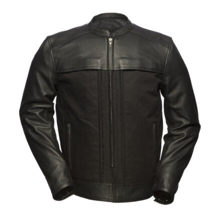 Men’s Black Leather and Fabric Jacket with Stand Collar and Zipper Closure