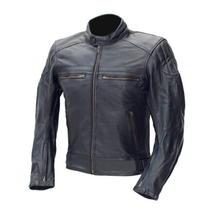 Men’s Vintage Black Leather Jacket with Zipper Pockets and Stand Collar