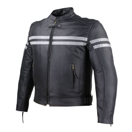 Men’s Black Leather Motorcycle Jacket with Reflective Stripes and Adjustable Waist