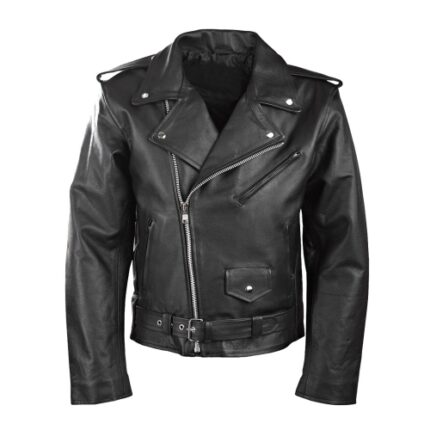 Men’s Classic Black Leather Biker Jacket with Asymmetric Zipper and Belt