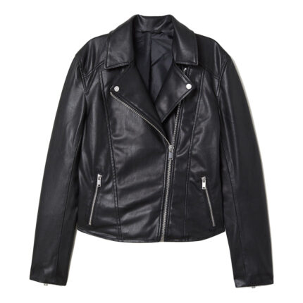 Women’s Black Leather Biker Jacket with Silver Zipper Details and Lapel Collar