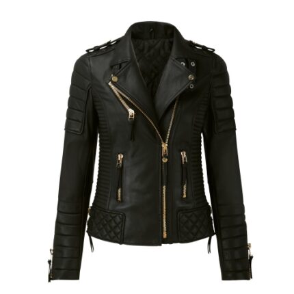 Trendy Biker Black Leather Jacket for Women with Quilted Shoulders and Gold Zippers
