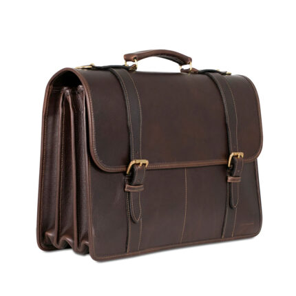 Classic Brown Leather Briefcase with Dual Strap Closure and Handle
