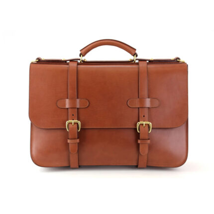 Elegant Tan Leather Briefcase with Dual Buckle Closure and Classic Handle