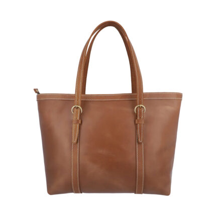 Elegant Tan Leather Tote Bag with Double Handle and Brass Buckle Details