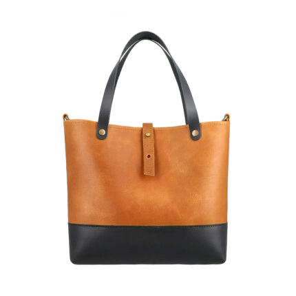 Stylish Two-Tone Leather Tote Bag with Black and Tan Contrast and Brass Snap Closure