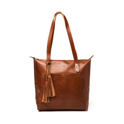 Chic Brown Leather Tote Bag with Tassel Detail and Snap Closure