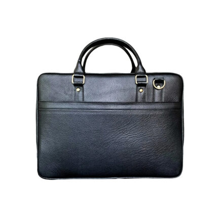 Sleek Black Leather Laptop Bag with Gold Accents and Double Handle