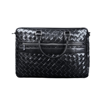Elegant Woven Black Leather Laptop Bag with Dual Zipper Pockets and Handle