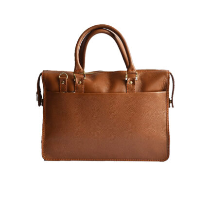 Stylish Tan Leather Laptop Bag with Double Handle and Zipper Closure