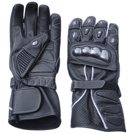 Durable Black Leather Motorcycle Gloves with Protective Knuckles and Wrist Strap