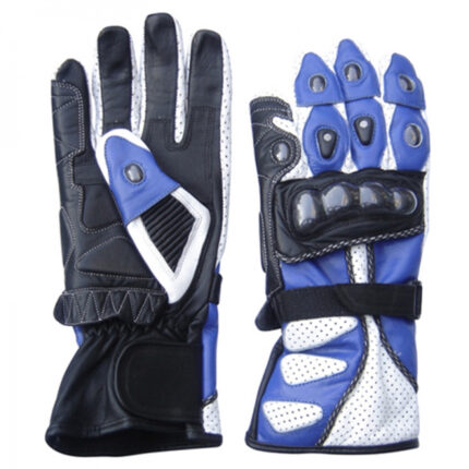 Stylish Blue and Black Leather Motorcycle Gloves with Protective Knuckles and Adjustable Strap