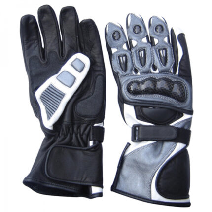 Durable Black and Silver Leather Motorcycle Gloves with Carbon Fiber Knuckles and Adjustable Strap