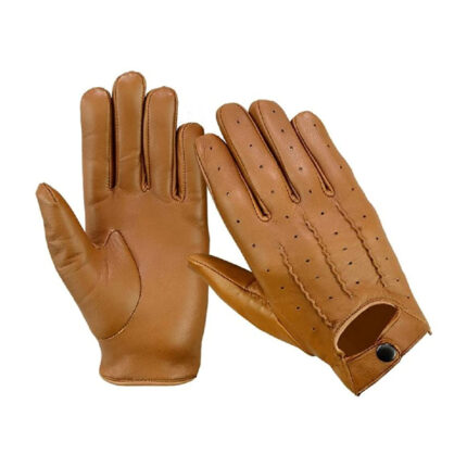 Stylish Tan Leather Driving Gloves with Perforated Detailing and Snap Closure