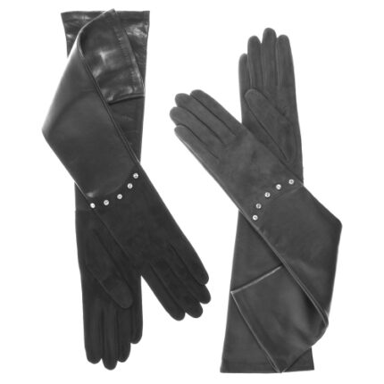 Chic Long Black Leather Gloves with Studded Detail for Women