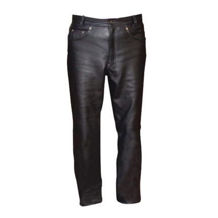 Classic Black Leather Jeans with Front Zip and Button Closure