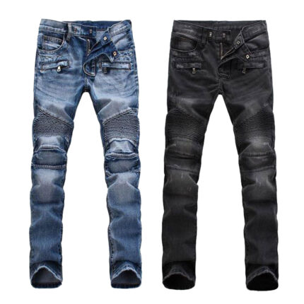 Stylish Biker-Inspired Slim Fit Jeans with Ribbed Knees in Blue and Black