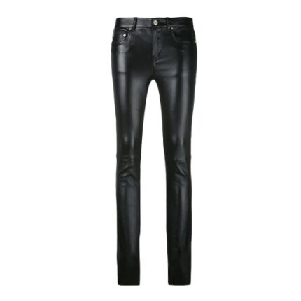 Classic Black Leather Skinny Pants for Women with Front Button Closure