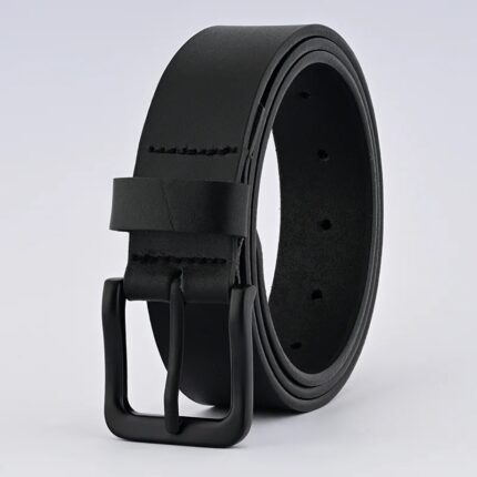 Classic Black Leather Belt with Sleek Black Buckle for Men