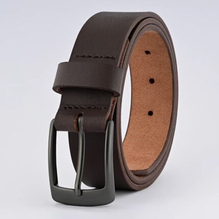 Classic Brown Leather Belt with Sleek Black Buckle for Men