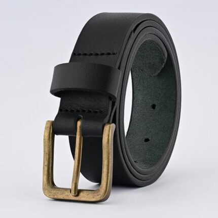 Classic Black Leather Belt with Antique Brass Buckle for Men