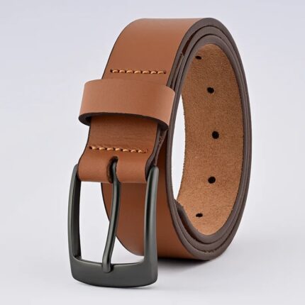 Classic Brown Leather Belt with Sleek Black Buckle for Men