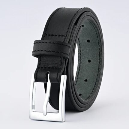 Simple Black Leather Belt with Sleek Silver Buckle for Men