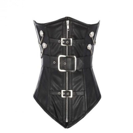 Black Faux Leather Corset with Zipper and Belt Detail