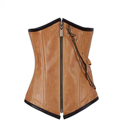 Vintage Tan Leather Corset with Zipper and Chain Detailing