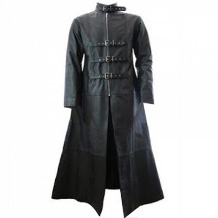 Classic Long Black Leather Coat with Belt and Utility Pockets