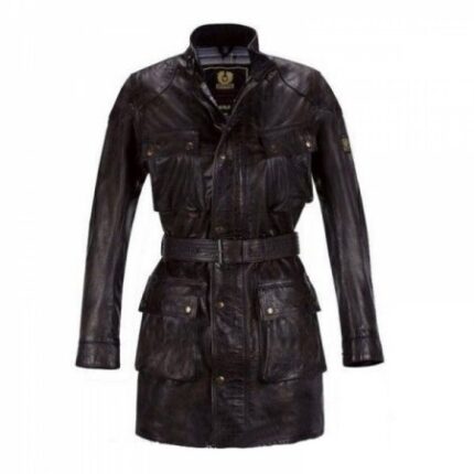 Men's Classic Brown Leather Long Coat with Belt and Multiple Pockets